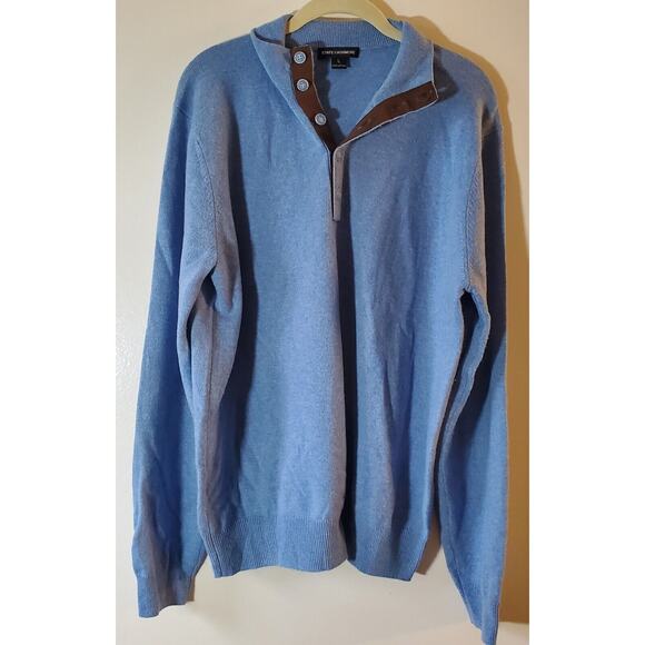 State Cashmere Mens Large 100%  Polo Collar Sweater Sky Blue Suede Elbows Lux - Picture 1 of 9